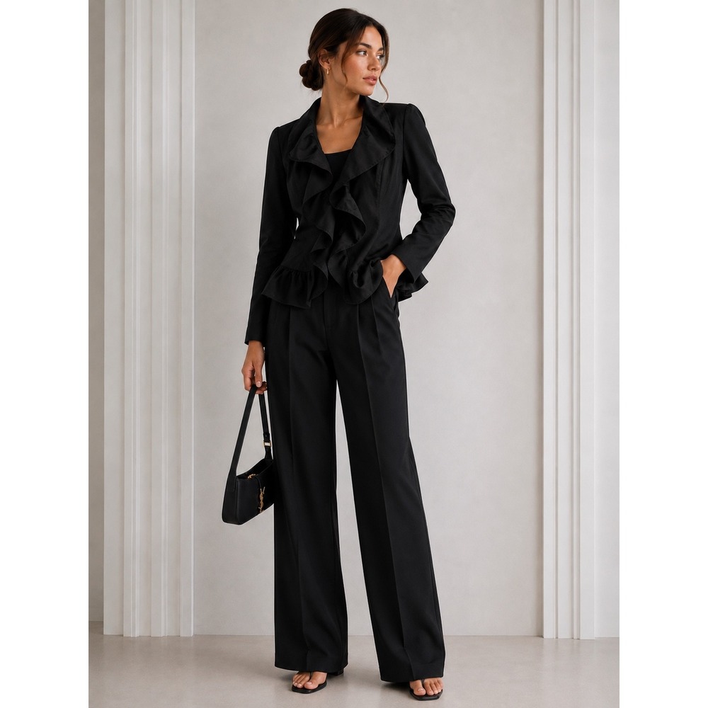 Cynthia Rowley Black Ruffle Front Peplum Blazer Jacket Womens Small Professional